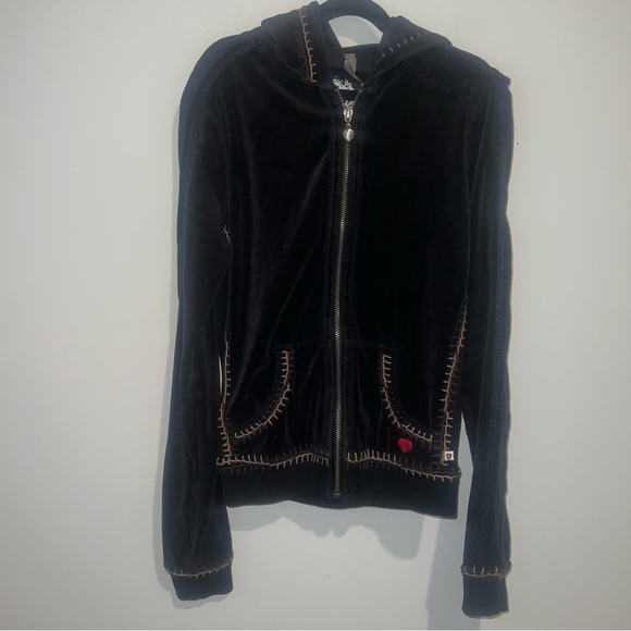 Twisted Heart Black Embroidered Zip Up Velvet Hoodie - Picture 1 of 6